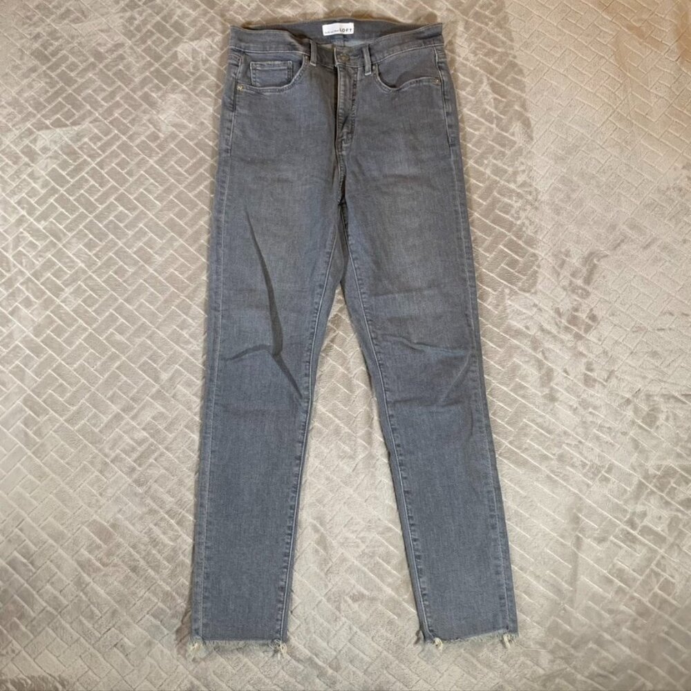 Loft Womens 4 Denim Jeans Gray Skinny Ankle High Rise Stretch Fray Hem